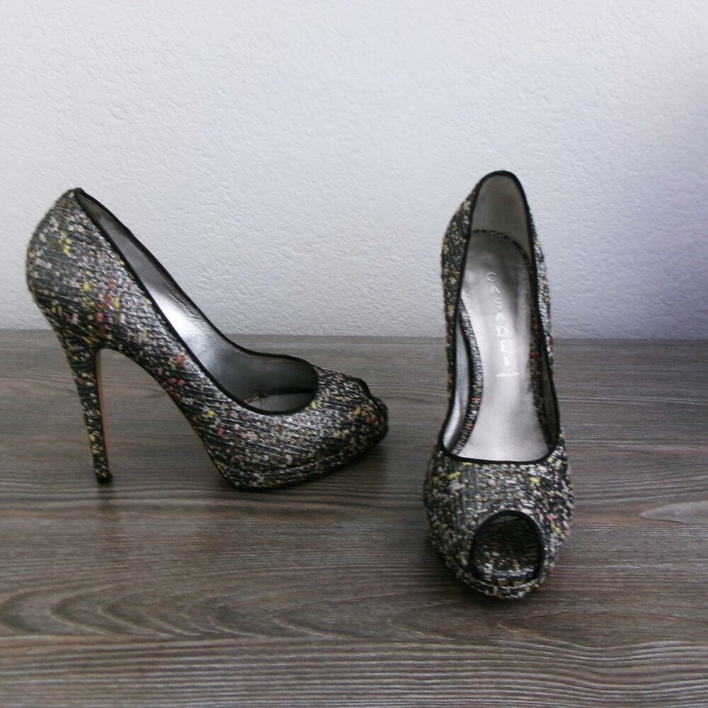 Near New Casadei Stiletto High Heels Peep Toe  9 Black Silver